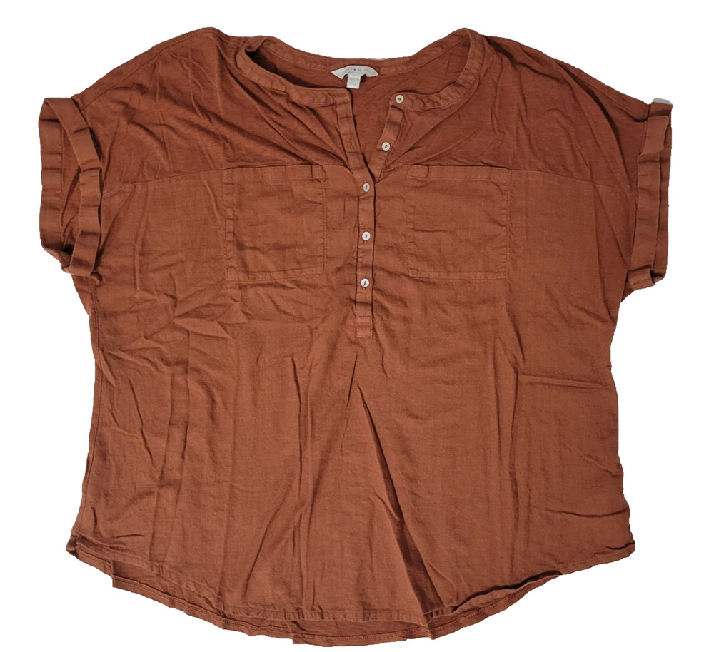 Lucky Brand Women's XL Rust Terracotta Rustic Casual Henley Blouse Pintuck Boho